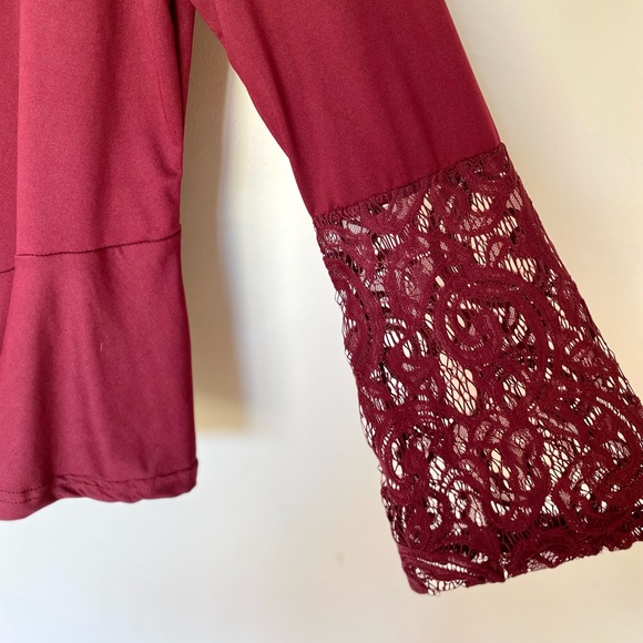 $5 Add On | Burgundy Lace Detail Long Sleeve Top - Picture 3 of 4